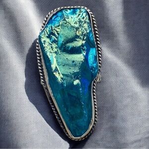 New Blue Titanium Dip Silver Overlay Statement Ring Size 7